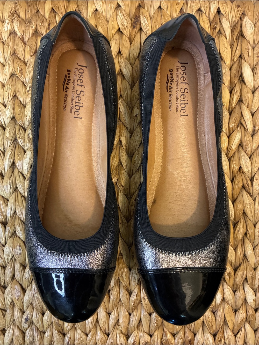 Josef Seibel Black and Metallic Gray Cap-Toe Ballet Flats